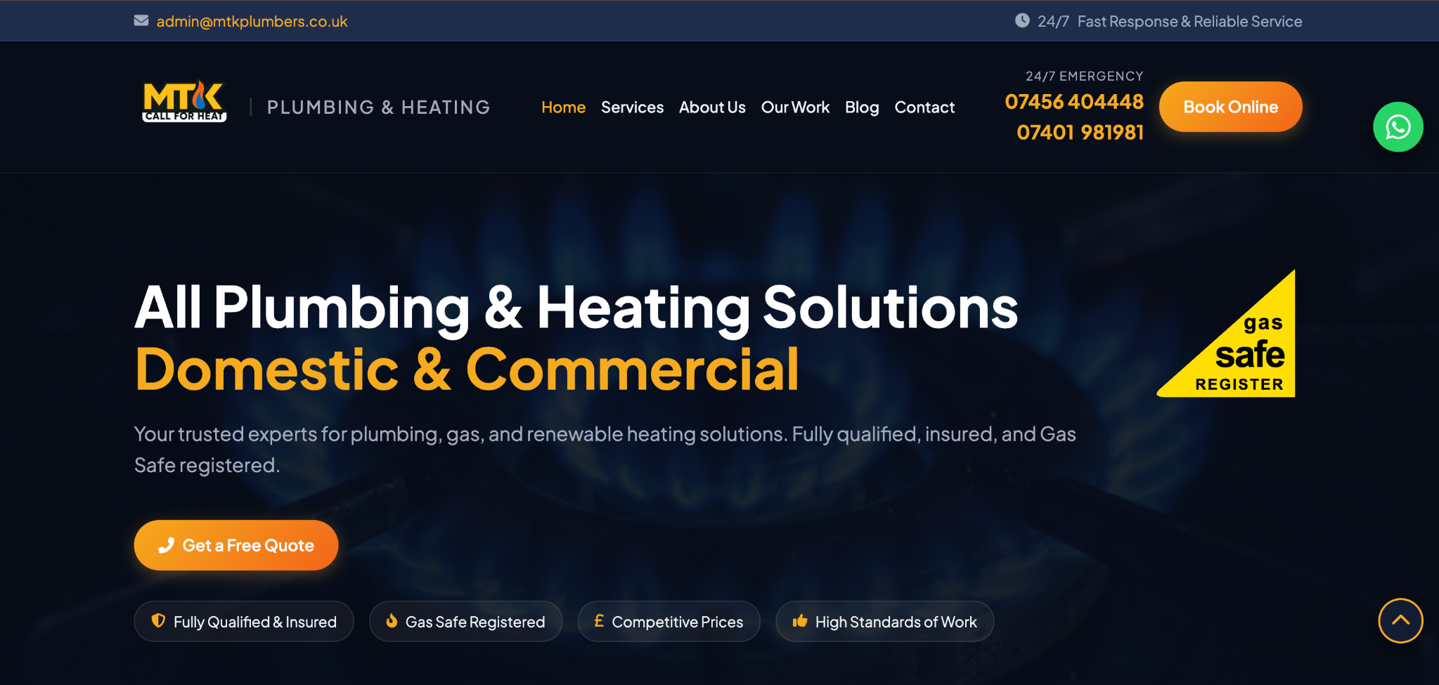 MTK Plumbers website screenshot